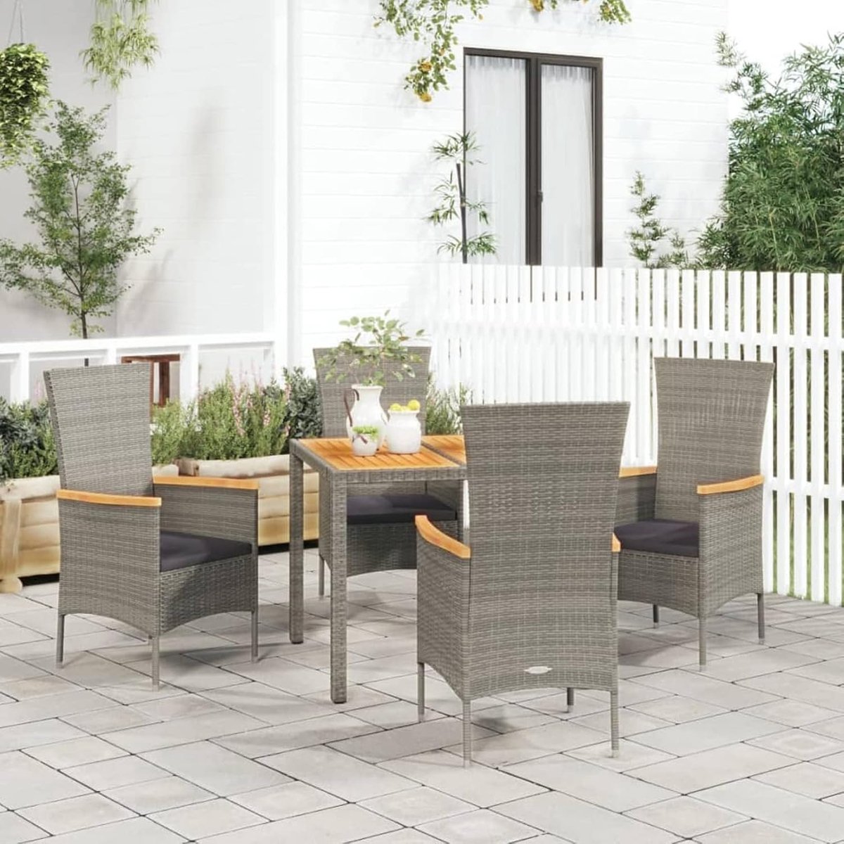 5-delig. Tuin eetgroep, zitgroep tuin 4 personen, terrasmeubels, tuinmeubelen, eettafel met houten tafelblad & 4 stoelen, met kussen grijs polyrotan