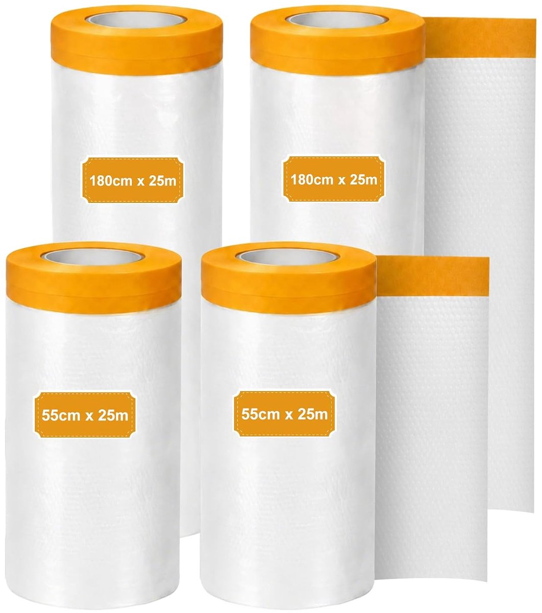 100m afdekfolie met plakband, 2 rollen 55cmx25m en 2 rollen 180cmx25m