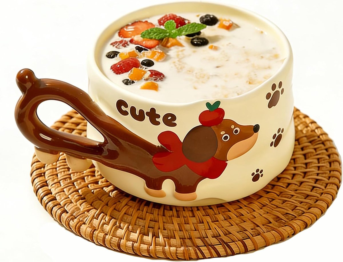 3D-mok met teckel, cadeau voor teckelliefhebbers, Kawaii koffiemok met 3D-bekermotief, ontbijtbeker voor muesli, soep en dessert
