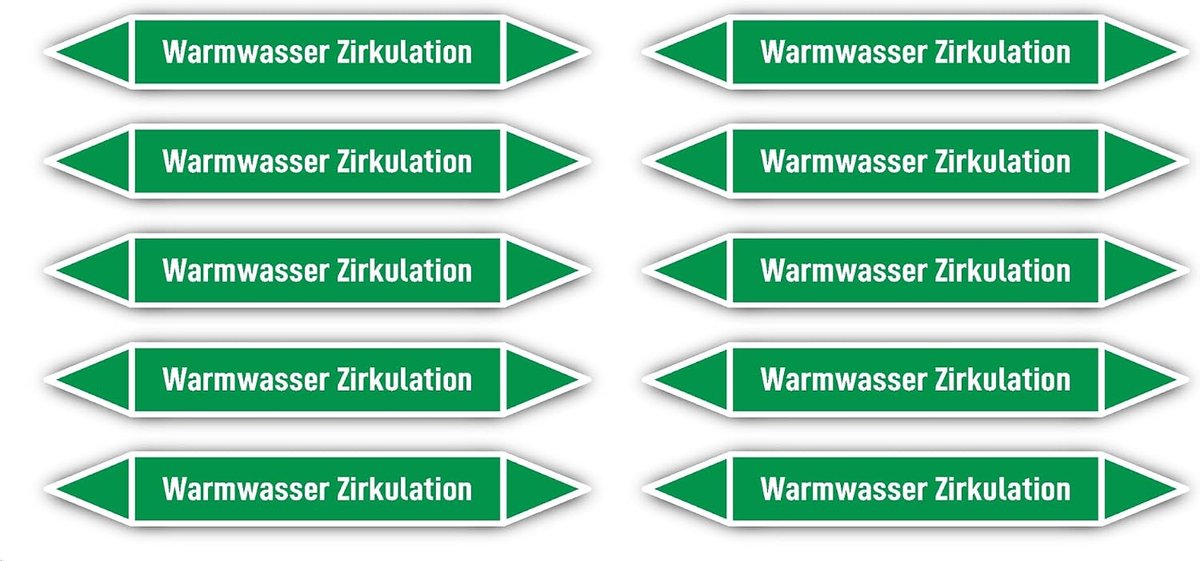 100 x 15 mm, 10 stuks - groep 1 - water - pijpleidingmarkering - volgens DIN 2403 - taal: Duits - warmwatercirculatie