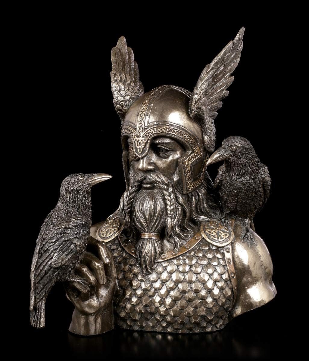 Odin Fantasy buste met twee raven | Decoratiefiguur, gebronst & gekleurd, H 23 cm