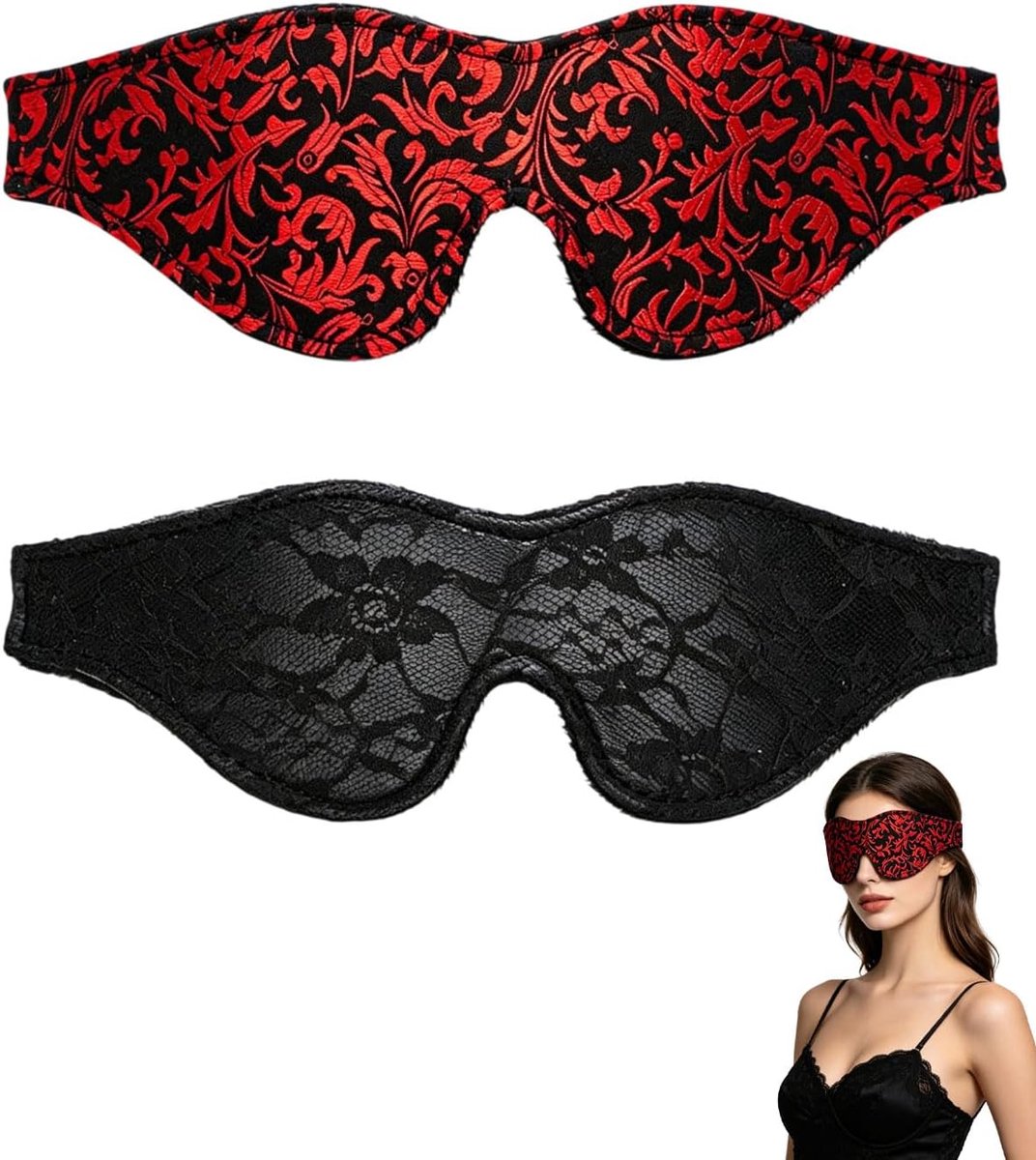 Kanten oogmasker voor dames, set van 2, zwart rood, zacht gevoerd slaapmasker, lichtblokkerende oogmasker voor reizen, dutjes, party, erotisch masker, blindfold
