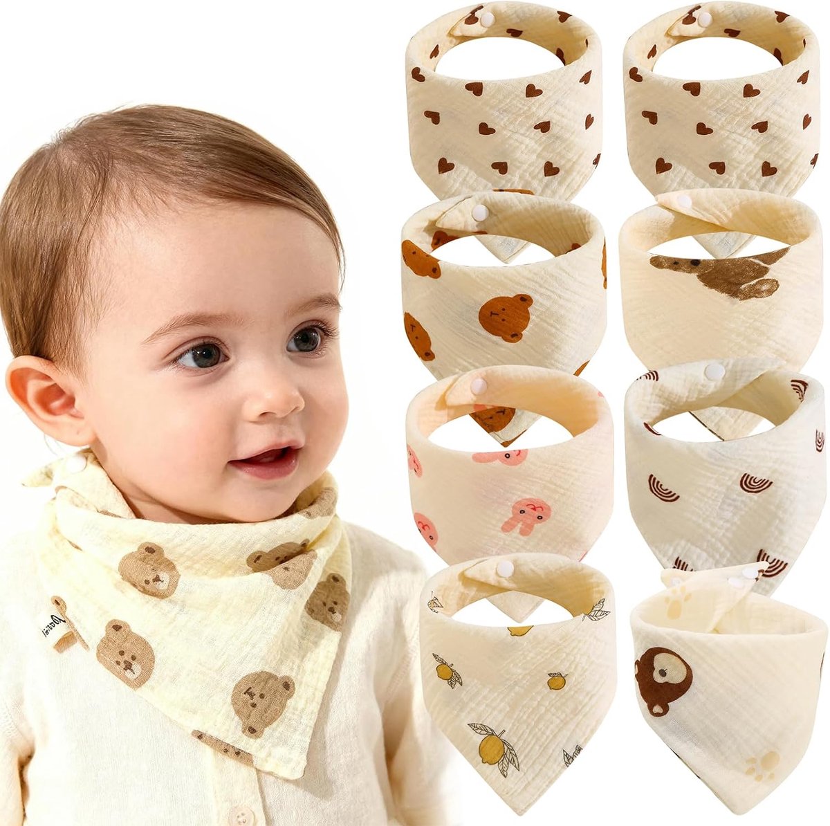 8 stuks babyslabbetjes, waterdicht, slabbetjes met verstelbare clip, ademend en wasbaar, voor pasgeborenen en peuters, jongens en meisjes (7 verschillende patronen)