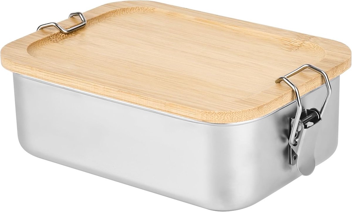 Lunchbox voor volwassenen en kinderen, metalen lunchbox met houten deksel, BPA-vrij (1,2 l)