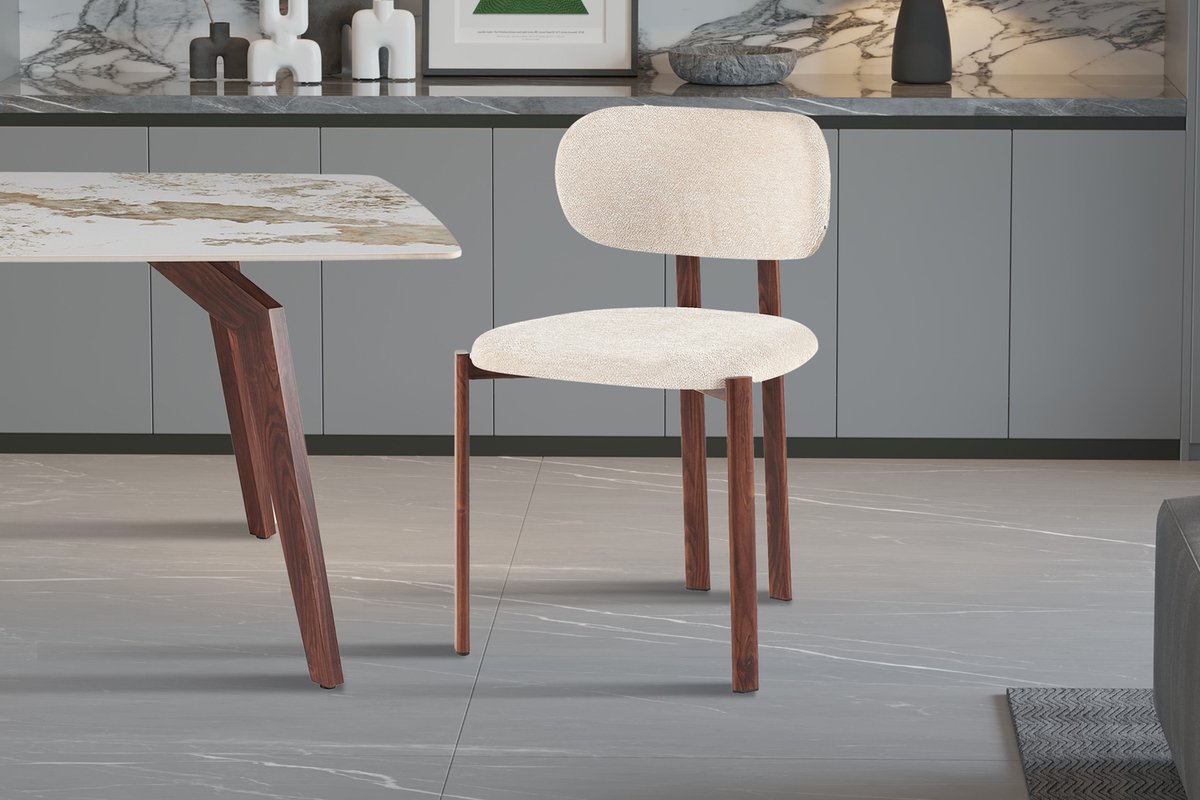 Eetkamerstoel Jade Walnoot – Beige Stof – Metalen Onderstel – Per Stuk