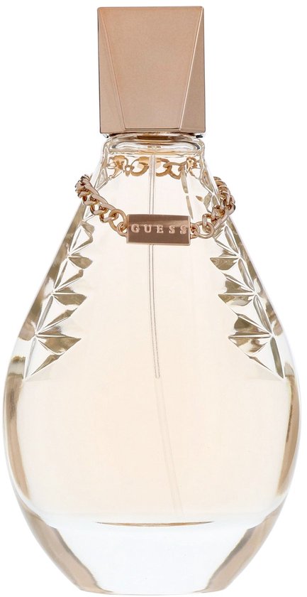 Guess Dare Eau de Toilette damesparfum in een druppelvormige glazen fles met gouden accenten en een gouden ketting rond de hals.