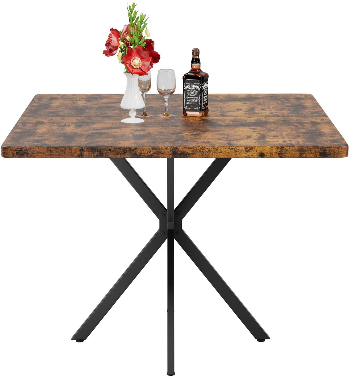 Merax Vierkante Eettafel 98 x 98 cm - Bruin - Metalen Kruisonderstel - Voor 4 Tot 6 Personen - Moderne Eettafel