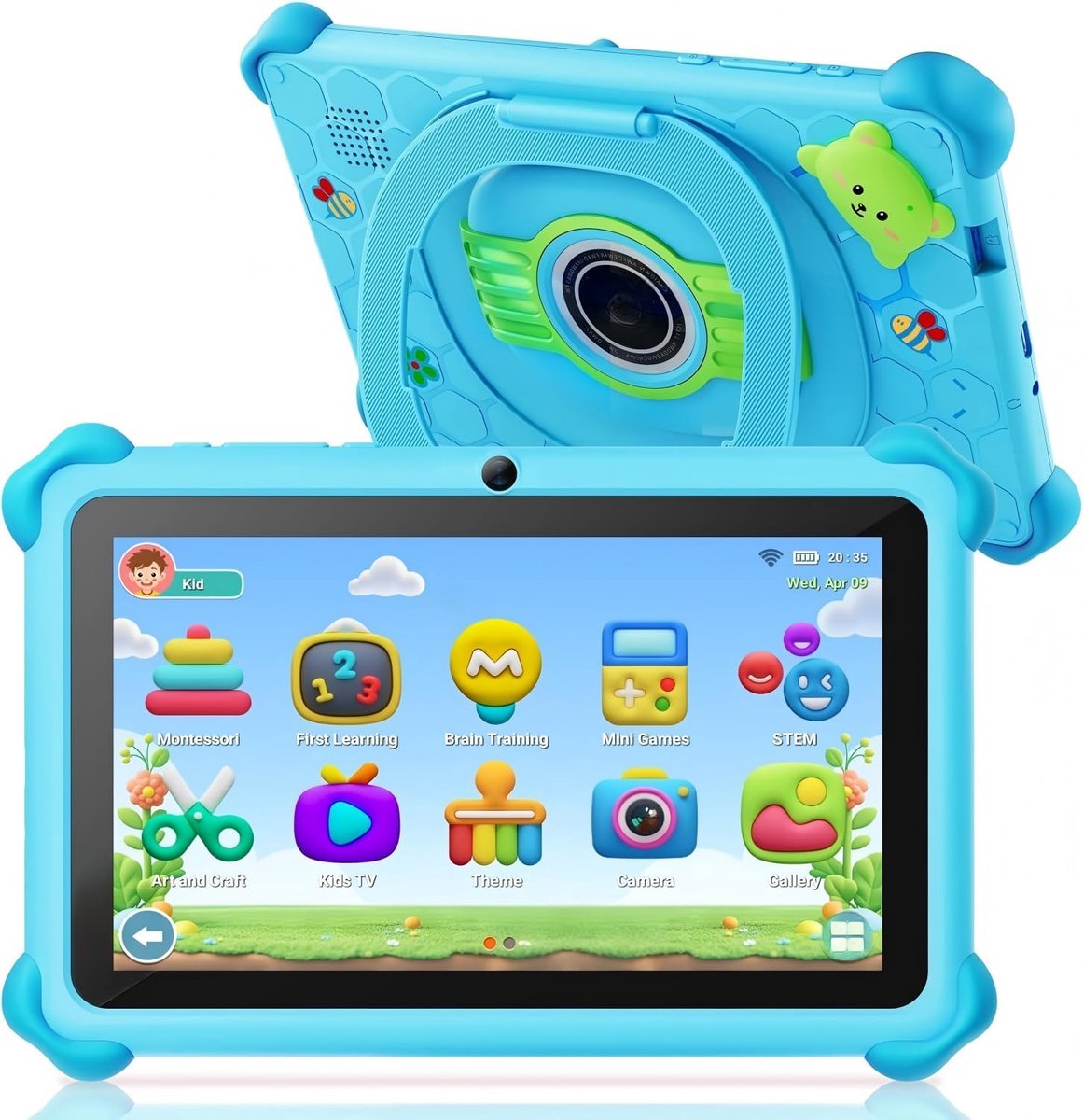 SnelShoppen - Kids Tablet 7 Inch met Hoesje, Android 2GB RAM + 32GB ROM + 256GB Uitbreidbaar, Wifi, Bluetooth, Type-C, Kindveilig, Quad Core, Blauw vo