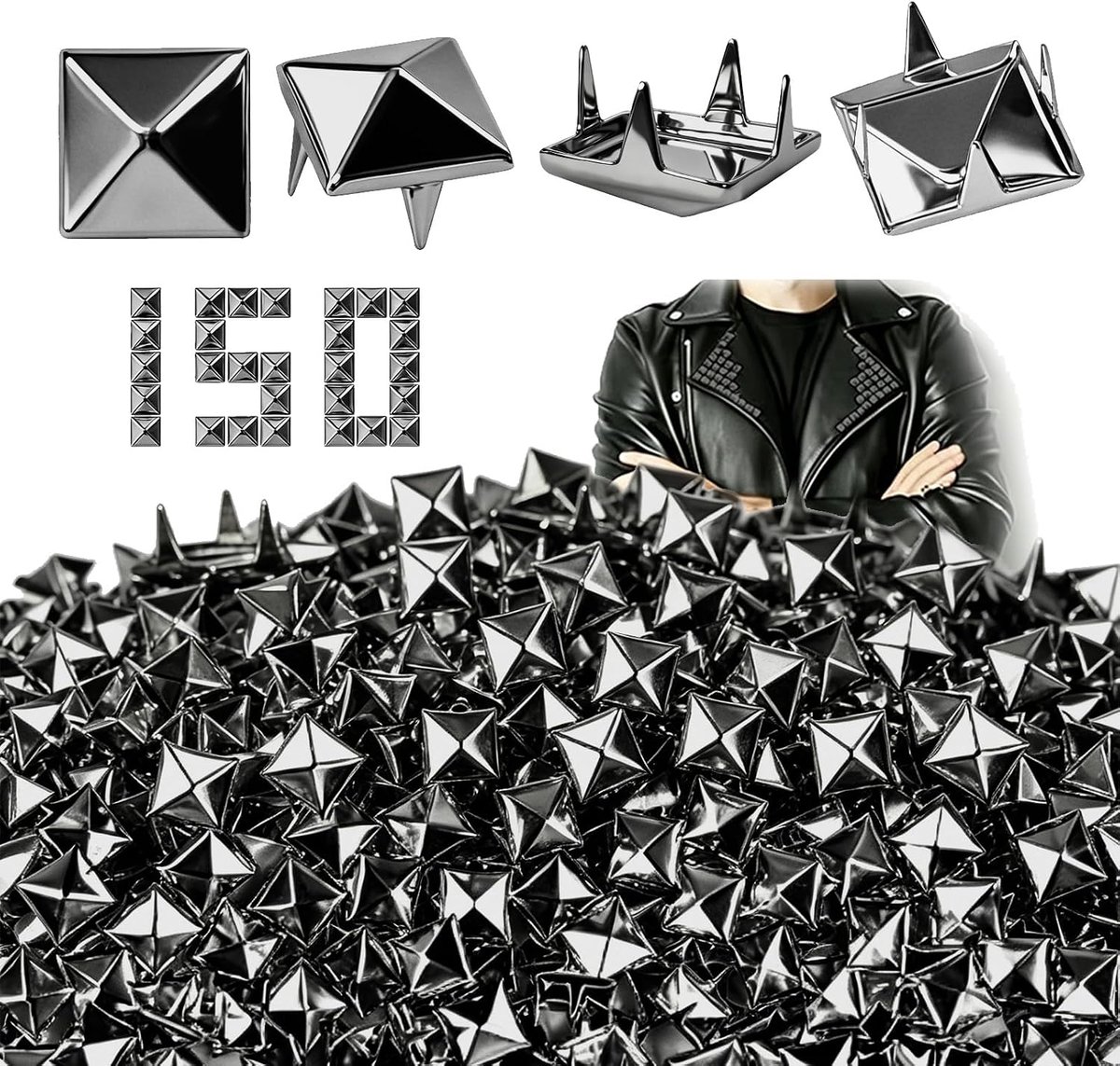 150 Pieces Square Pyramid Rivets, 8 mm Decorative Rivets, Black Metal Spikes for Clothing, Leather, Bags, Belts - ShopVlot