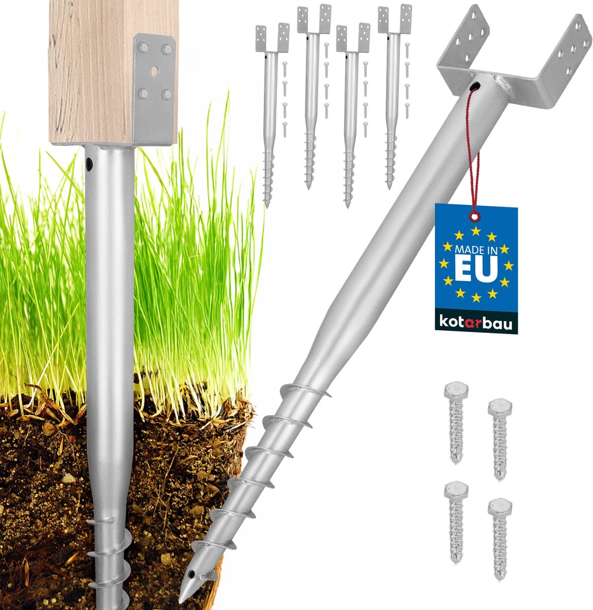 KOTARBAU® Paalhouder - Inschroefbare Paalhouder - Paalvoet 160 x 920 mm 4 st. Gegalvaniseerde Paalhouder - Paalsteun - Schroeffundering - Inschroefbare Paalhuls voor Schuttingpalen en Houten Balken