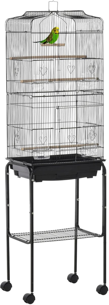 MokoHub Vogelkooi met Standaard - Metaal - Wielen - Afneembaar Dienblad - 46.5×36×157 cm - Zwart