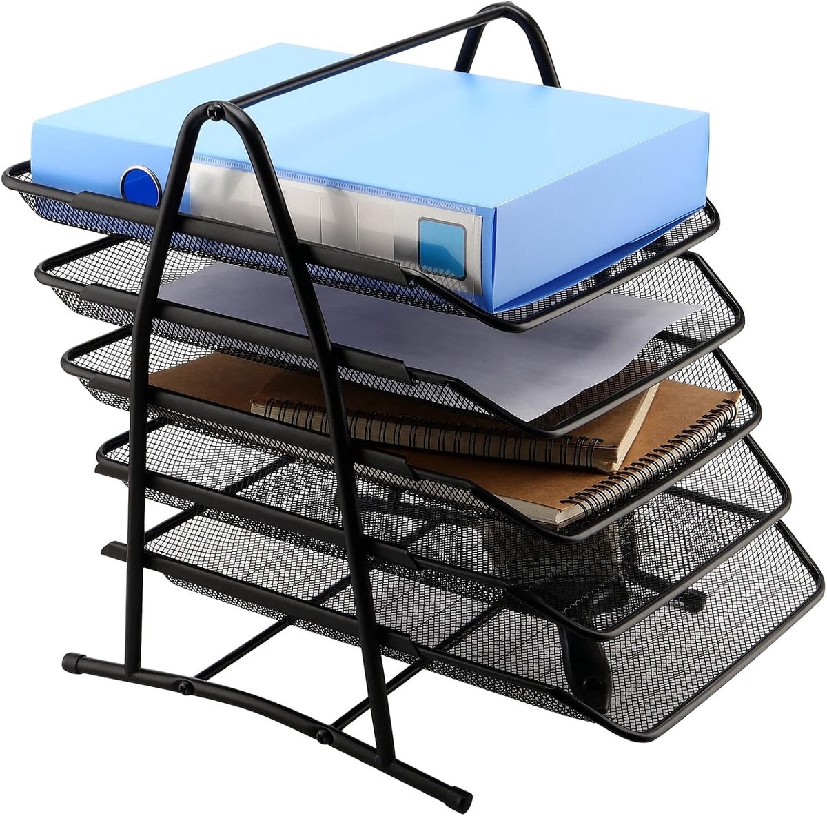 5-laags A4 Bureau Documenten Organizer, Zwart Mesh, Efficiënte Opbergruimte voor Papieren en Kantoorbenodigdheden, 38 x 30 cm