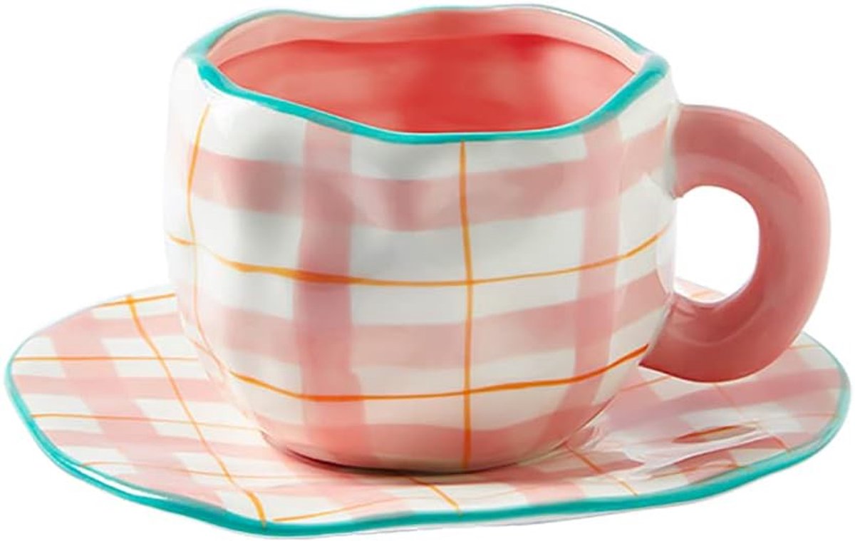 Roze Koffiekop en Schotel Set – Schattig en Vrouwelijk – 10 oz / ca. 300 ml – Voor Dames – Koffie enThee