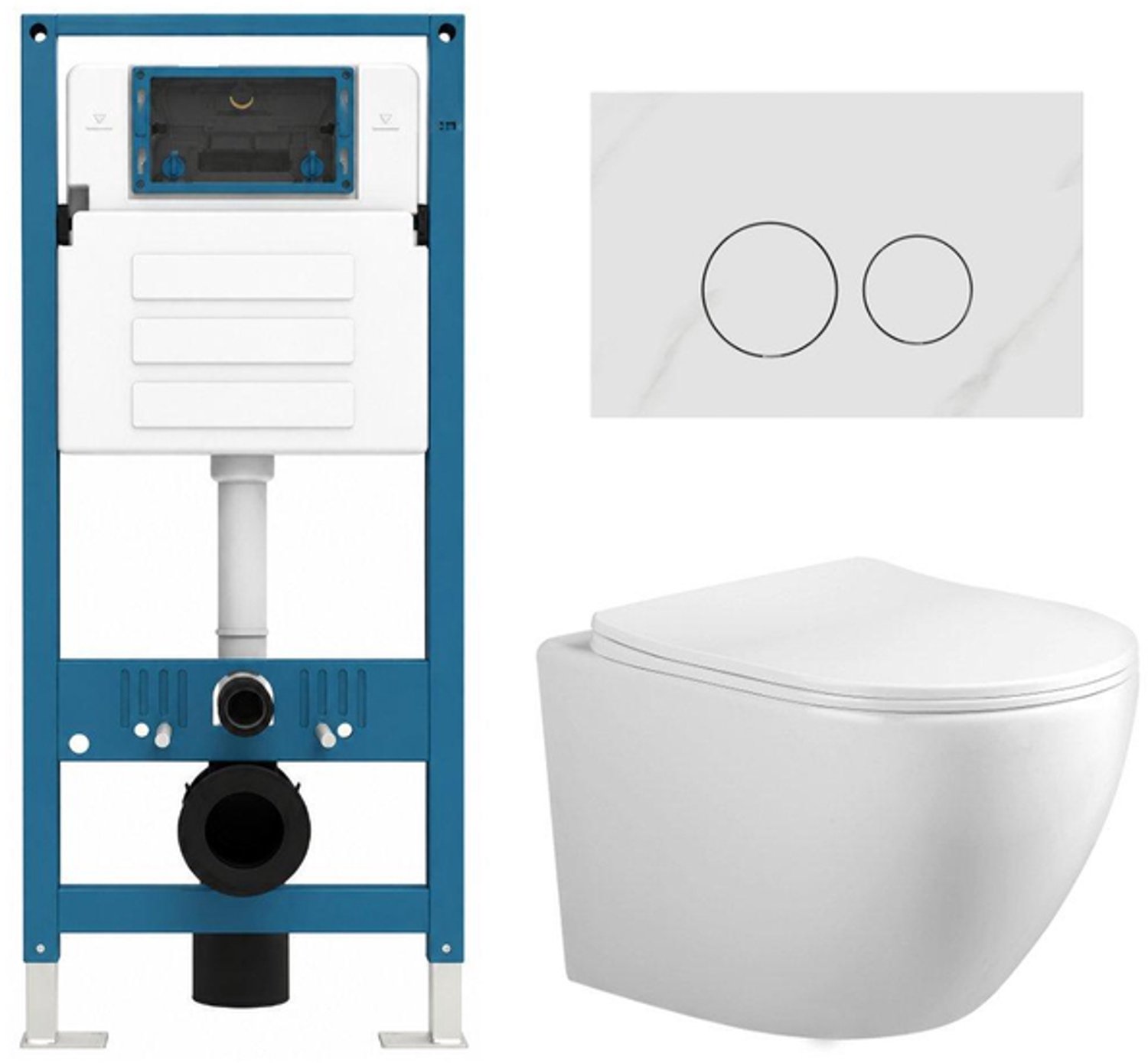 Adema Salina 2.0 Toiletset - 48.5x36x32cm - diepspoel - spoelrandloos - QeramiQ inbouwreservoir - softclose - quickrelease - toiletzitting - wit marmeren natuurstenen bedieningsplaat - ronde knoppen - wit