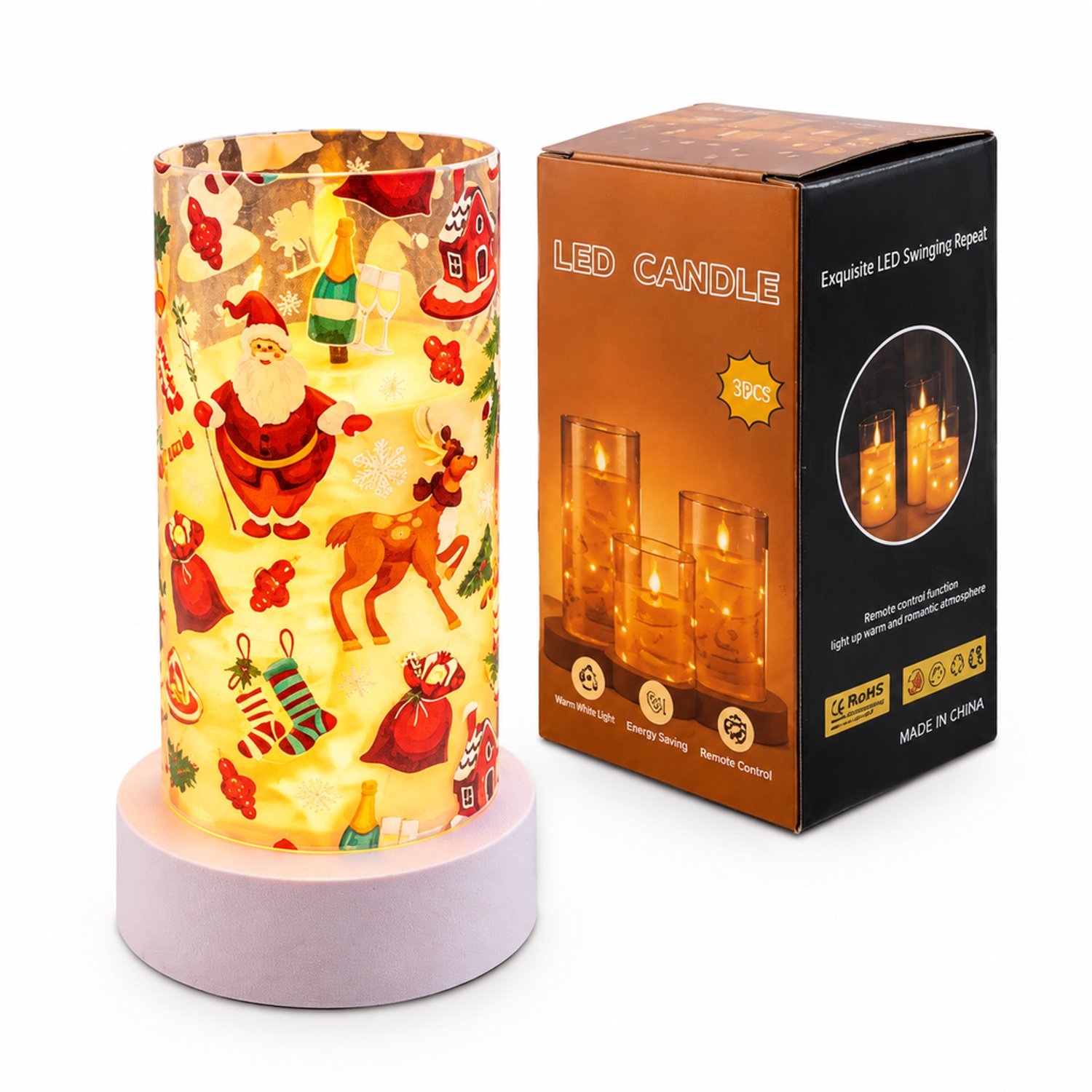 SWGOTA led kaarsen - kerstkaars van 7,5 x 15 cm met warm licht en kerstprint, op 3 AAA-batterijen, exclusief batterijen Wit