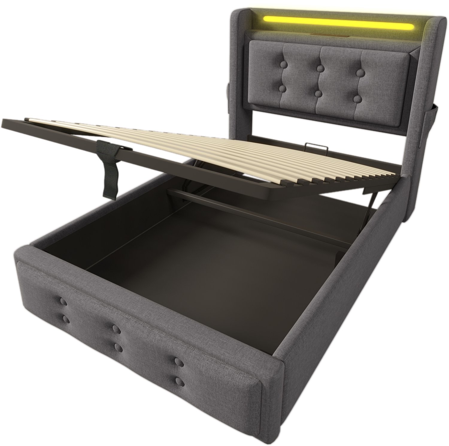 Welltin Grijs gestoffeerd eenpersoonsbed 90x200 - LED-hoofdbord - USB-C-oplaadpunt - opbergruimte - houten lattenbodem – slaapkamer – 91x222x109 cm – grijs