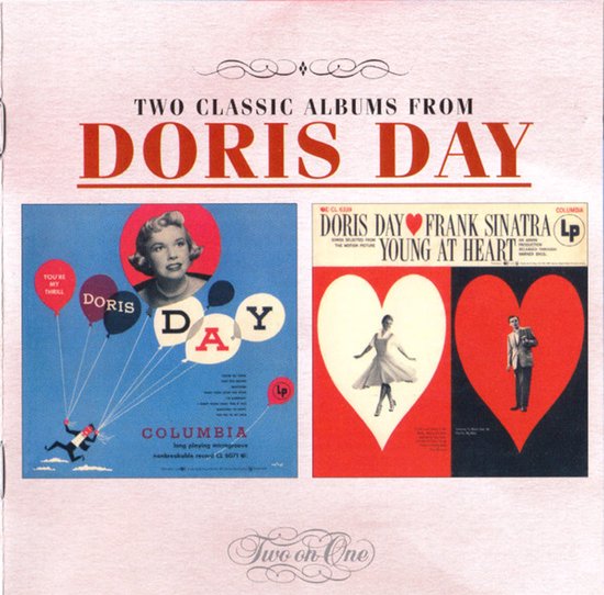 Cd-hoes van Doris Day met twee albumhoezen: één met ballonnen en één met twee hartvormige kaders.