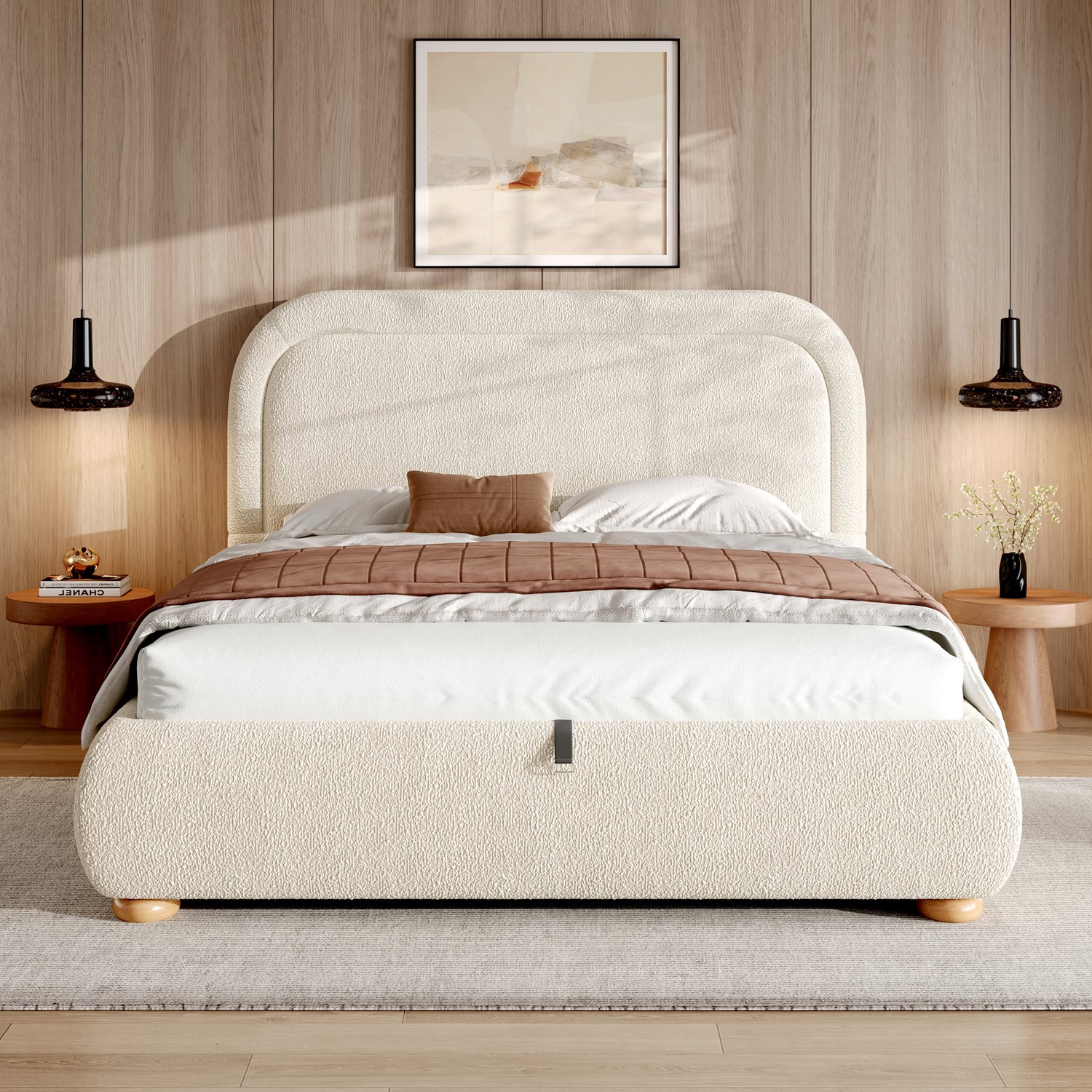 WUVRIE Gestoffeerd opbergbed 140x200 cm - Hydraulische lift en lattenbodem - Beige bouclé