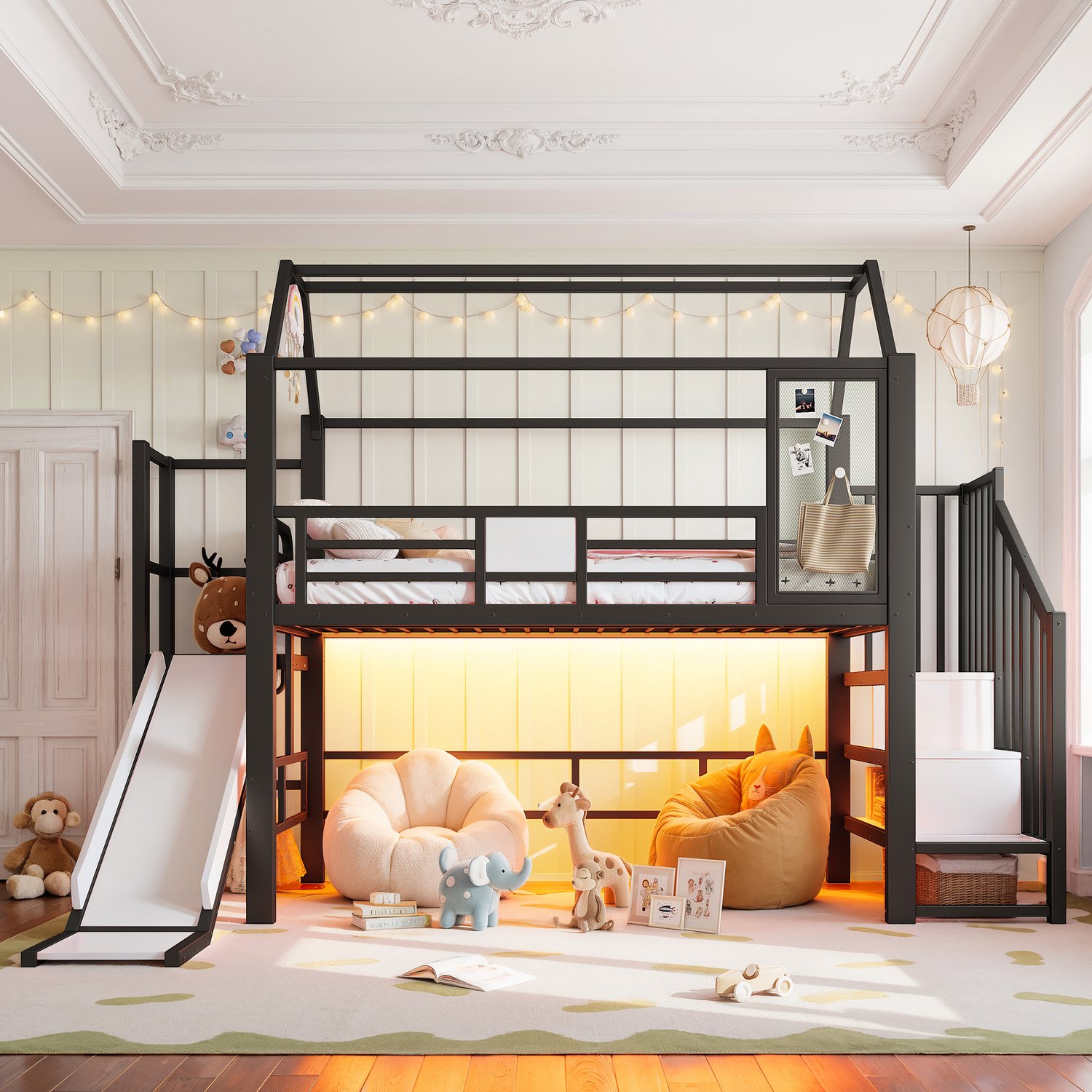 WUVRIE Kinderhoogslaper 90x200 cm - Huisvorm met glijbaan, trap en LED-verlichting - Zwart