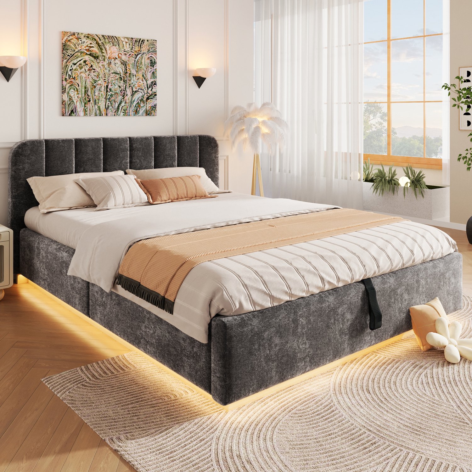 WUVRIE Gestoffeerd bed 140x200 cm - Lattenbodem, opbergruimte en LED-verlichting - Antraciet