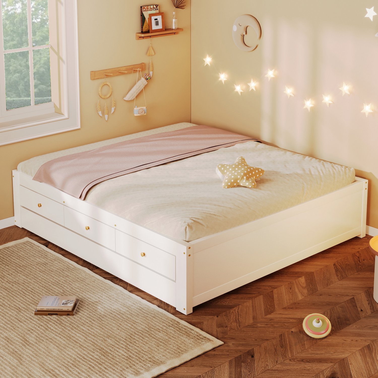WUVRIE Bed 140x200 cm - 3 lades en uitschuifbaar gastbed - Wit