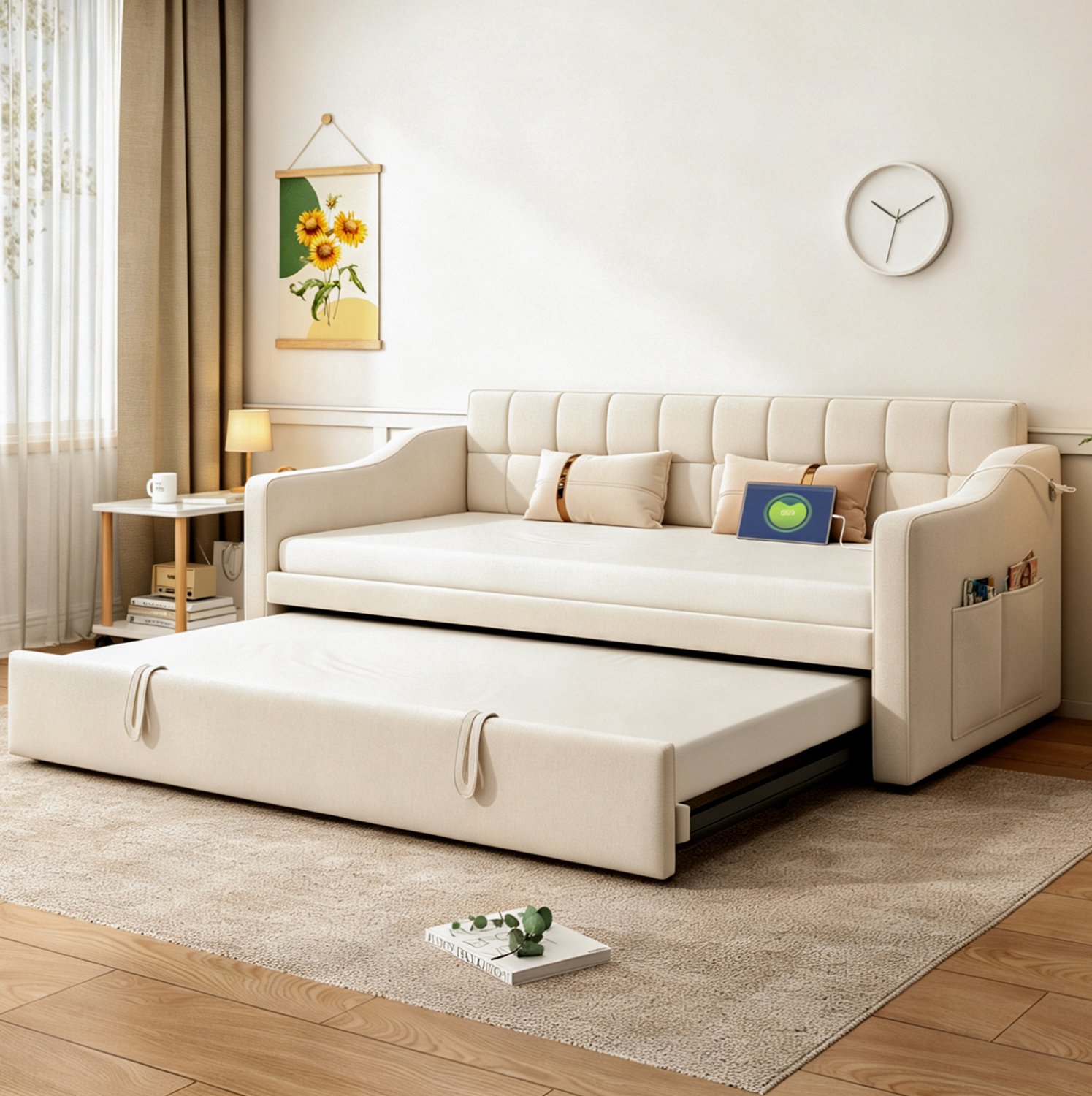WUVRIE Slaapbank 90x190 cm - Uitschuifbaar tot 180 cm met USB-oplaadpoorten - Beige