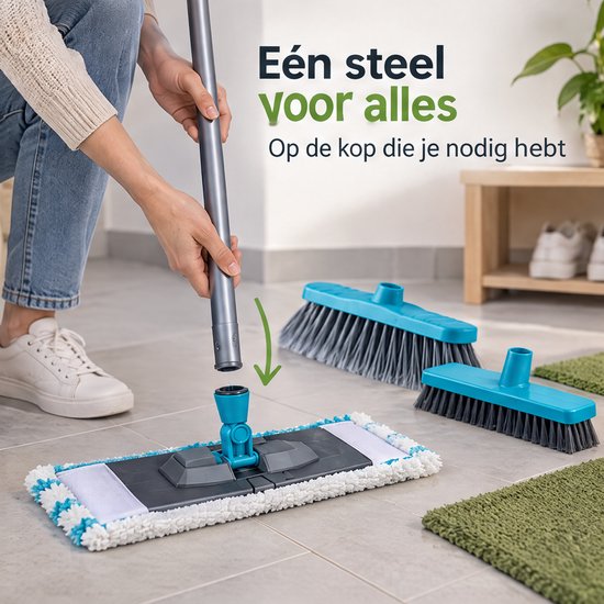 Cheqo® Schoonmaakset 5-Delig - Bezem met Steel - Vloerwisser met Microvezel Doek - Zachte en Harde Bezem - Vlakmop - Bezemset - Kamerveger - Huishoudset - Schoonmaakartikelen voor Binnen - Poetsset - Kuisgerief — afbeelding 2