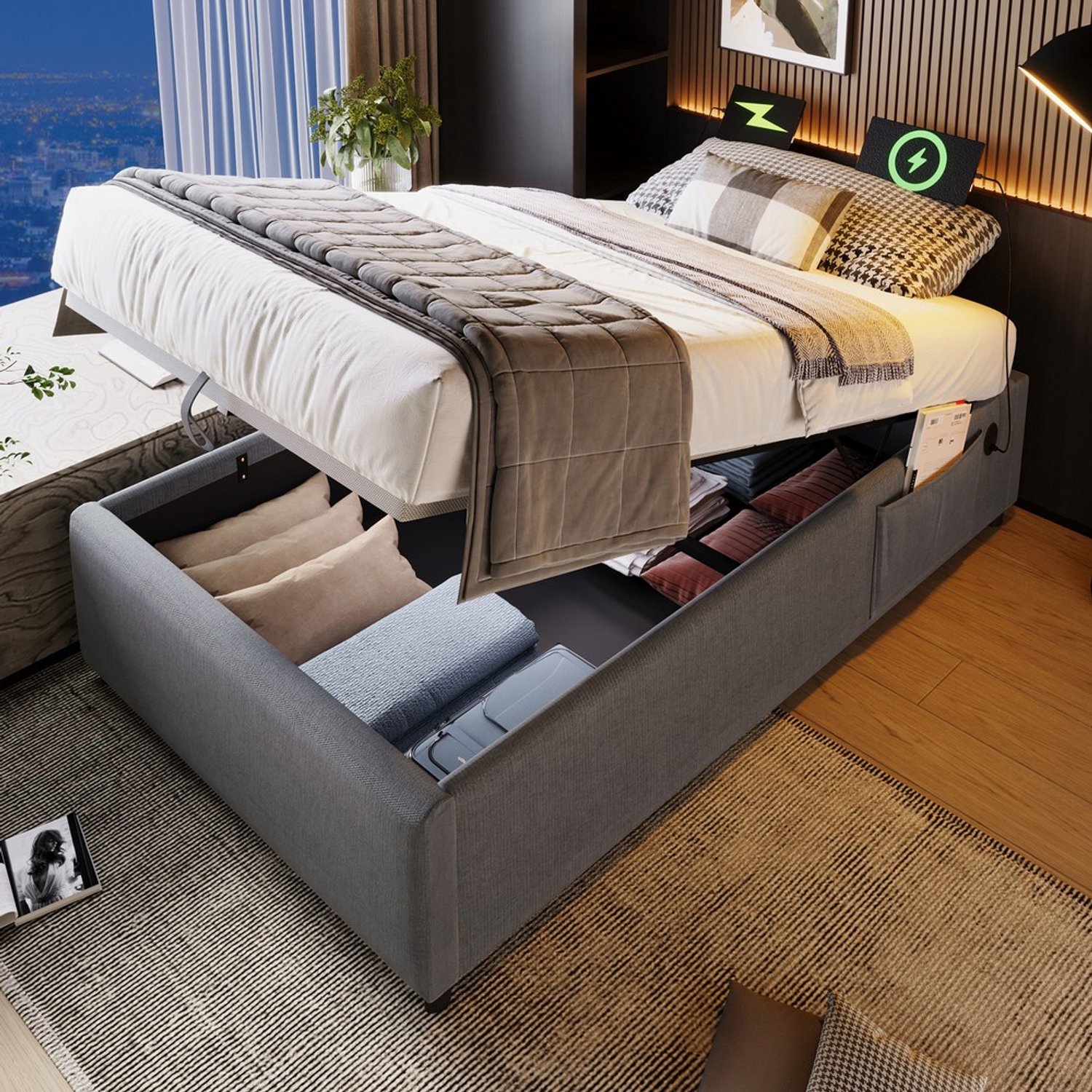 KOMHTOM Gestoffeerd eenpersoonsbed - 90x200 cm - Katoen - Grijs - Opbergruimte - Lattenbodem - Hoofdeinde - USB-aansluiting