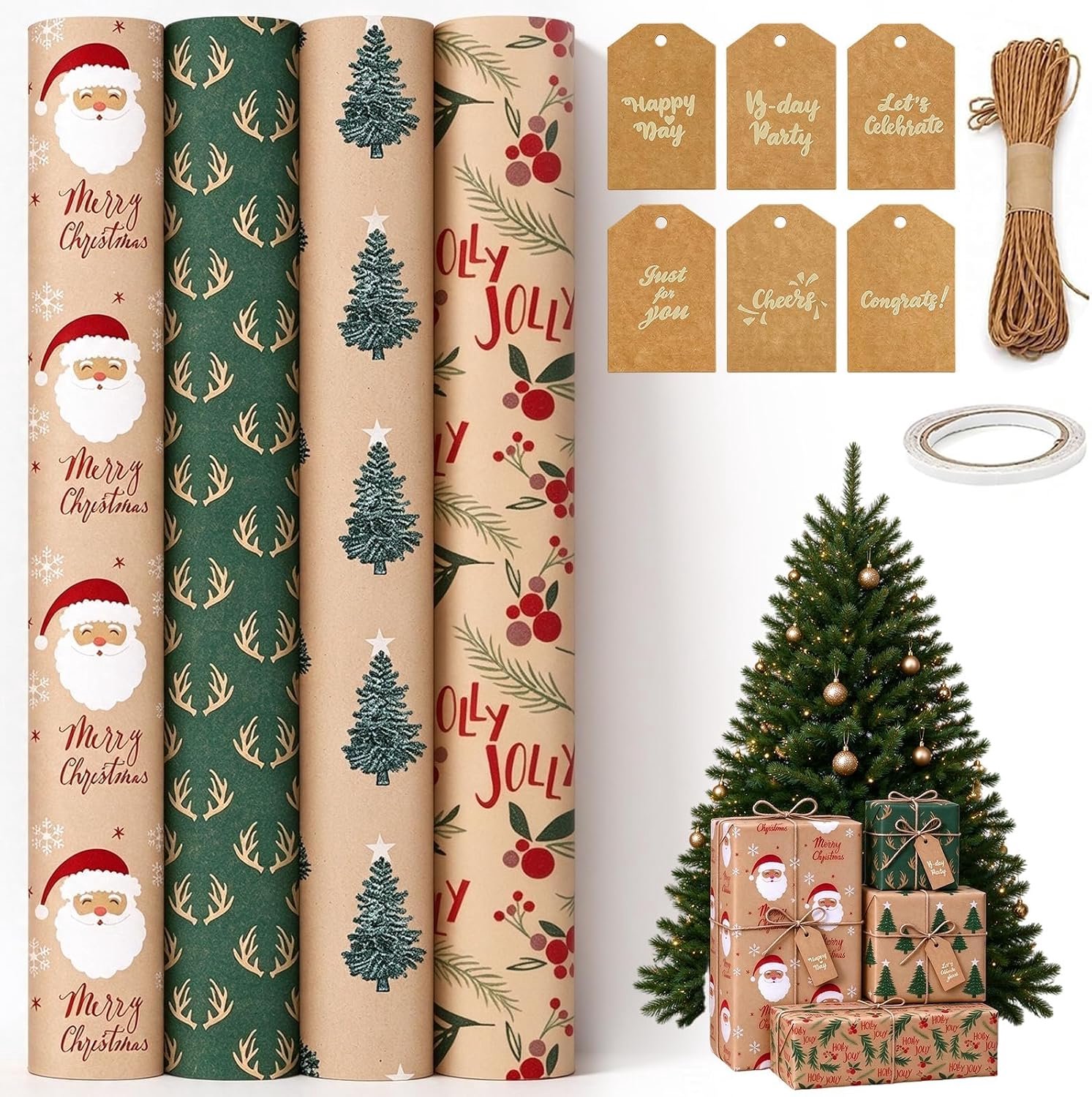 Kerstcadeaupapier 4 stuks - rolset - vrolijke ontwerpen - perfect voor het inpakken van cadeaus - ServiceTopper