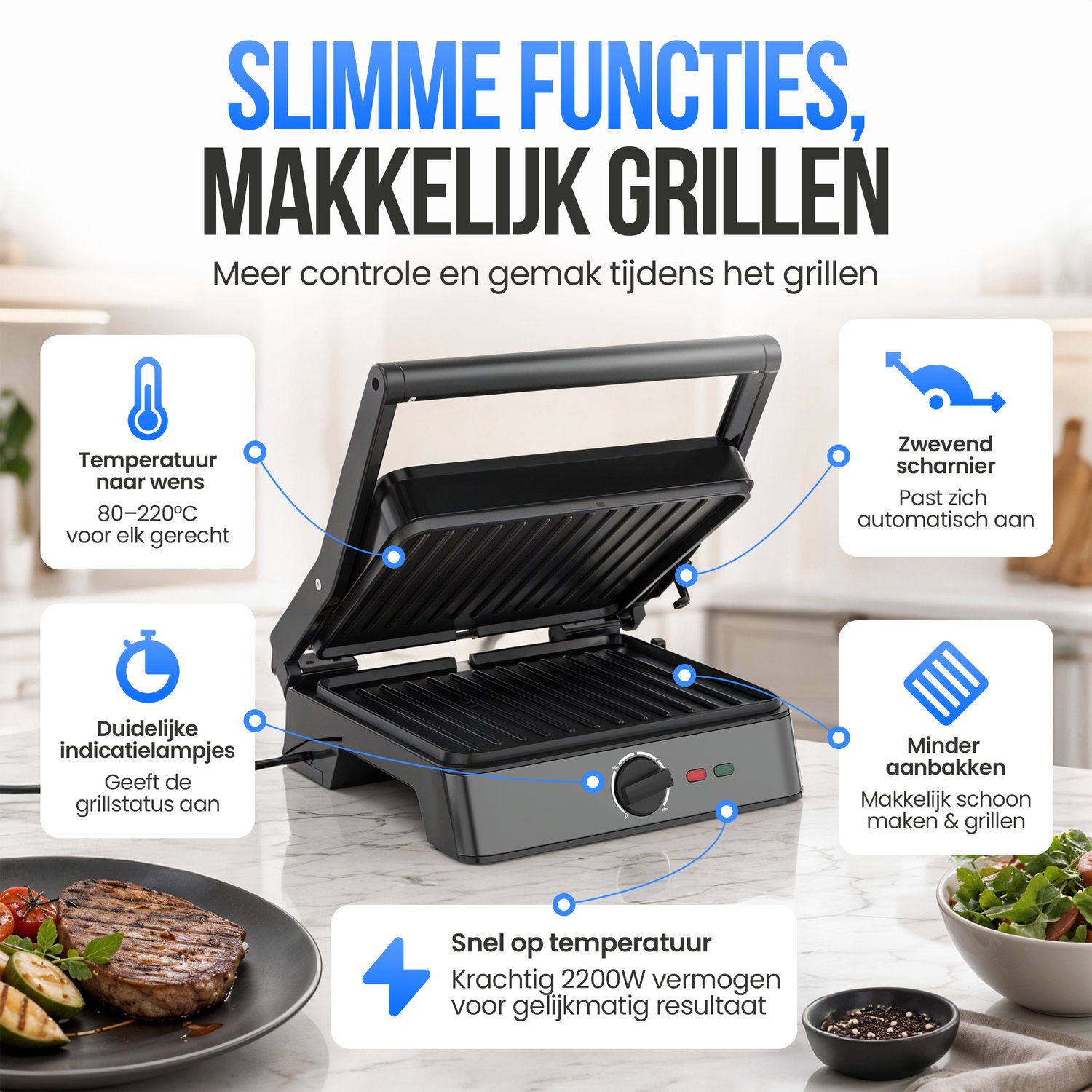 Strex Tosti Apparaat XL Zwart - Met Temperatuurregeling - Contactgrill Groot / Tosti Ijzer / Broodrooster / Grill Apparaat / Panini Grill / Toaster - 2200W thumbnail 3