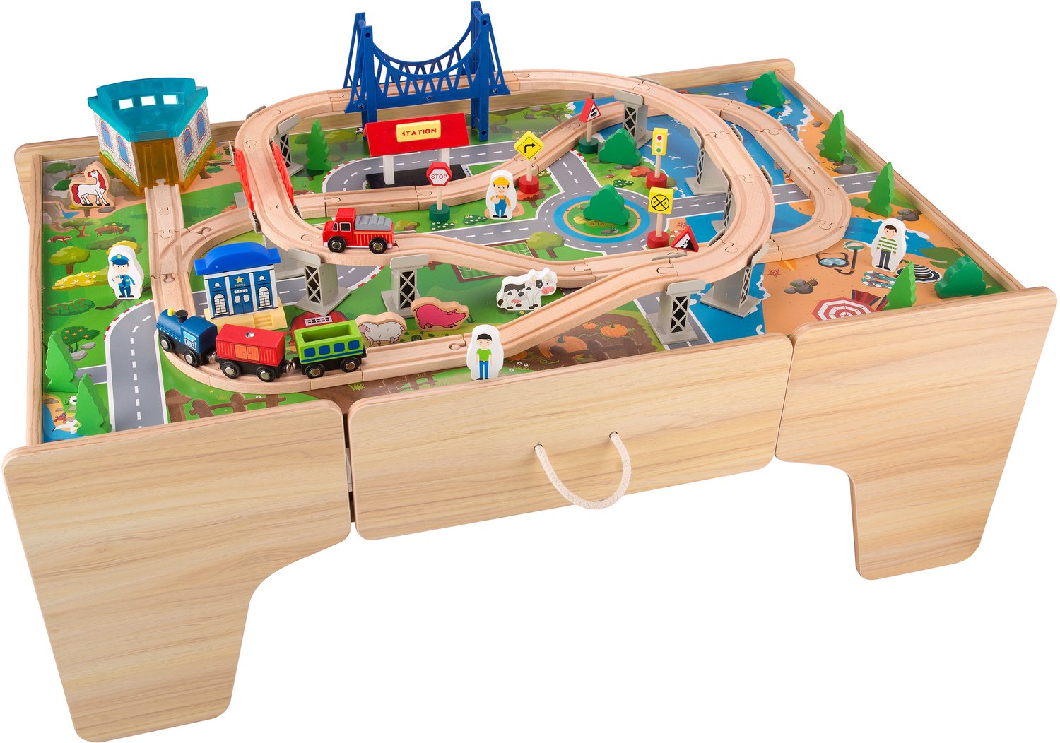 Sunny Tim Houten Speeltafel met Trein – 106,5 x 62,5 x 39,5 cm – Treintafel van Hout – Incl. 80 Accessoires – Modulaire Houten Treinrails – Met Handige Opberglade – Vanaf 3 Jaar