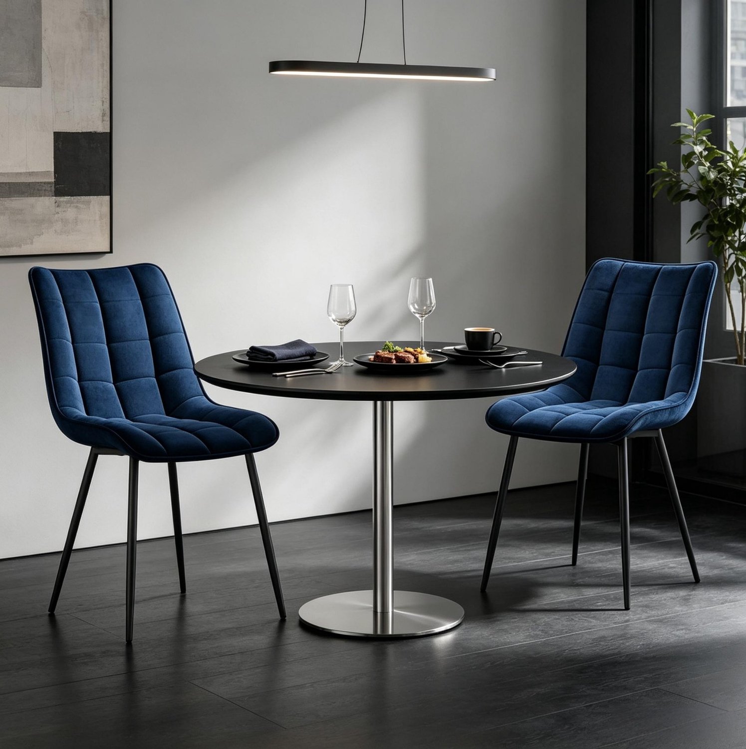 MODFU Eetkamerstoelen - Gestikte Velvet Zitting - Modern Design - Metaal - Blauw - Set Van 2