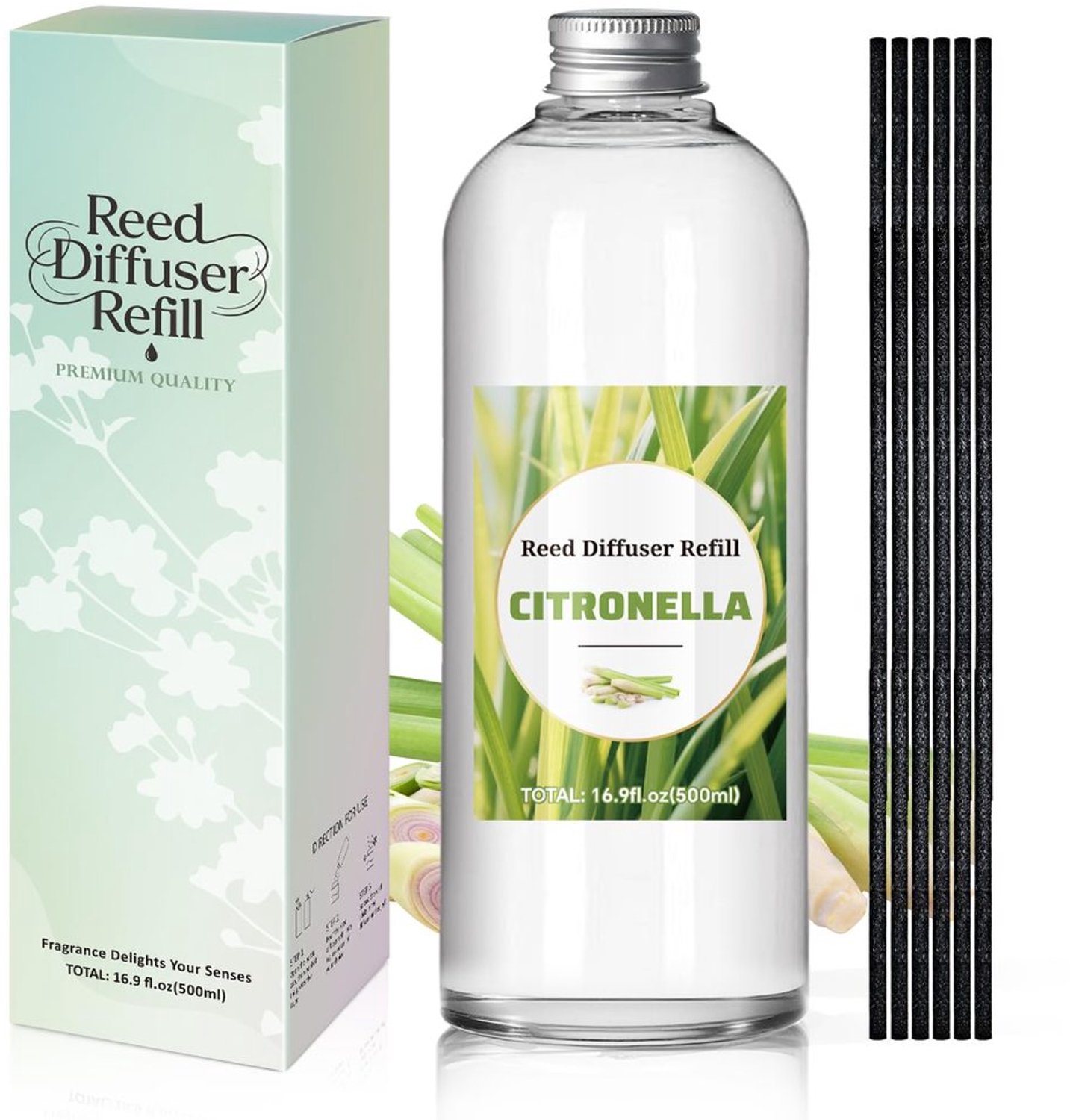 Luchtverfrisser Citronella 500 ml - Navulfles Geurstokjes - Langdurige Aromavulling - Natuurlijke Geur - Verfrissende Sfeer