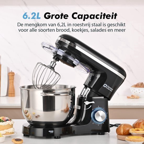 Keukenmachine, 6,2 L Staande Mixer 1400W – Deegmixer met Planetaire Mengtechniek, Menghaak, Deeghaak, Garde (Zwart, 6,2 L) — afbeelding 4