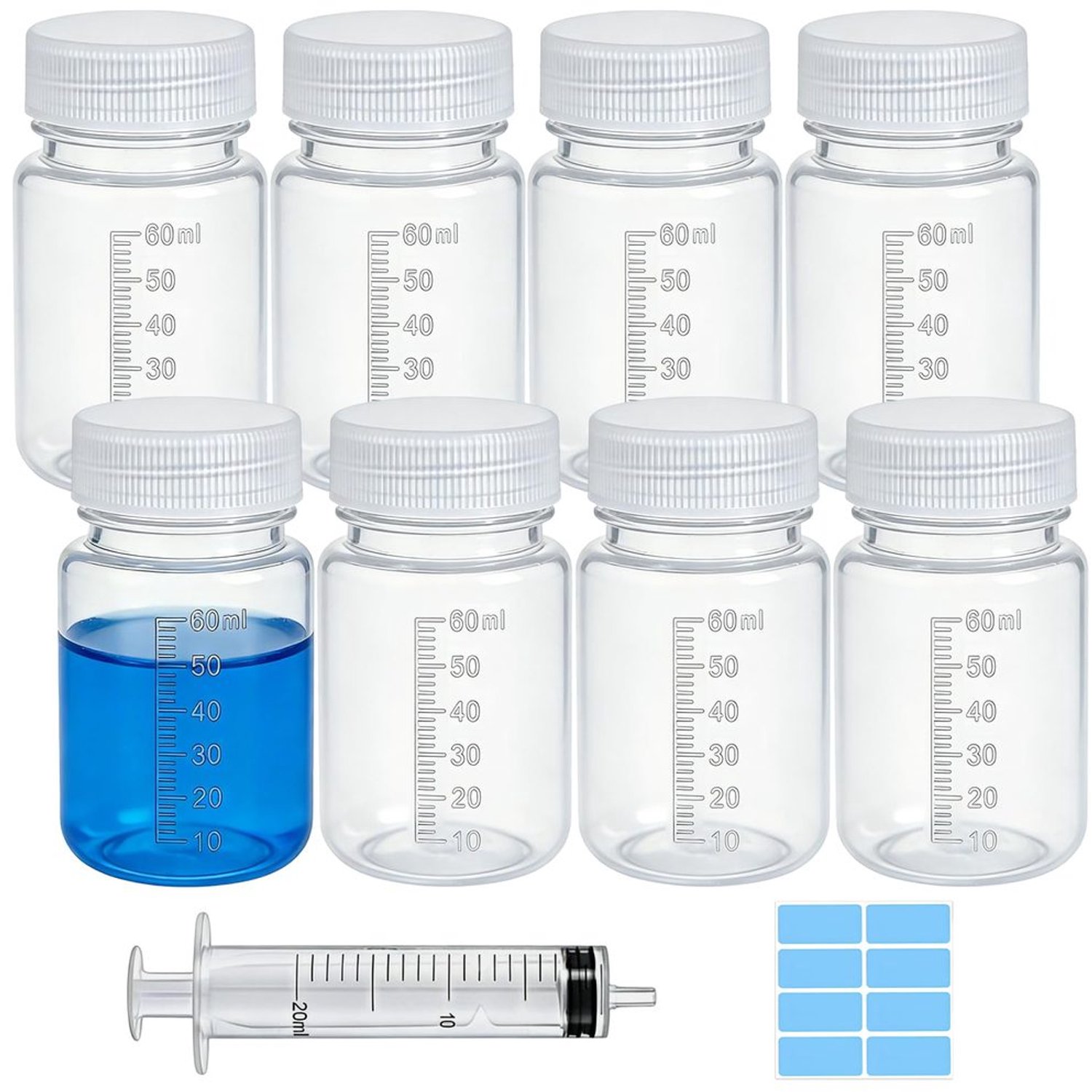 8 Stuks 60ml Kunststof Flessen met Brede Hals en Schaalverdeling