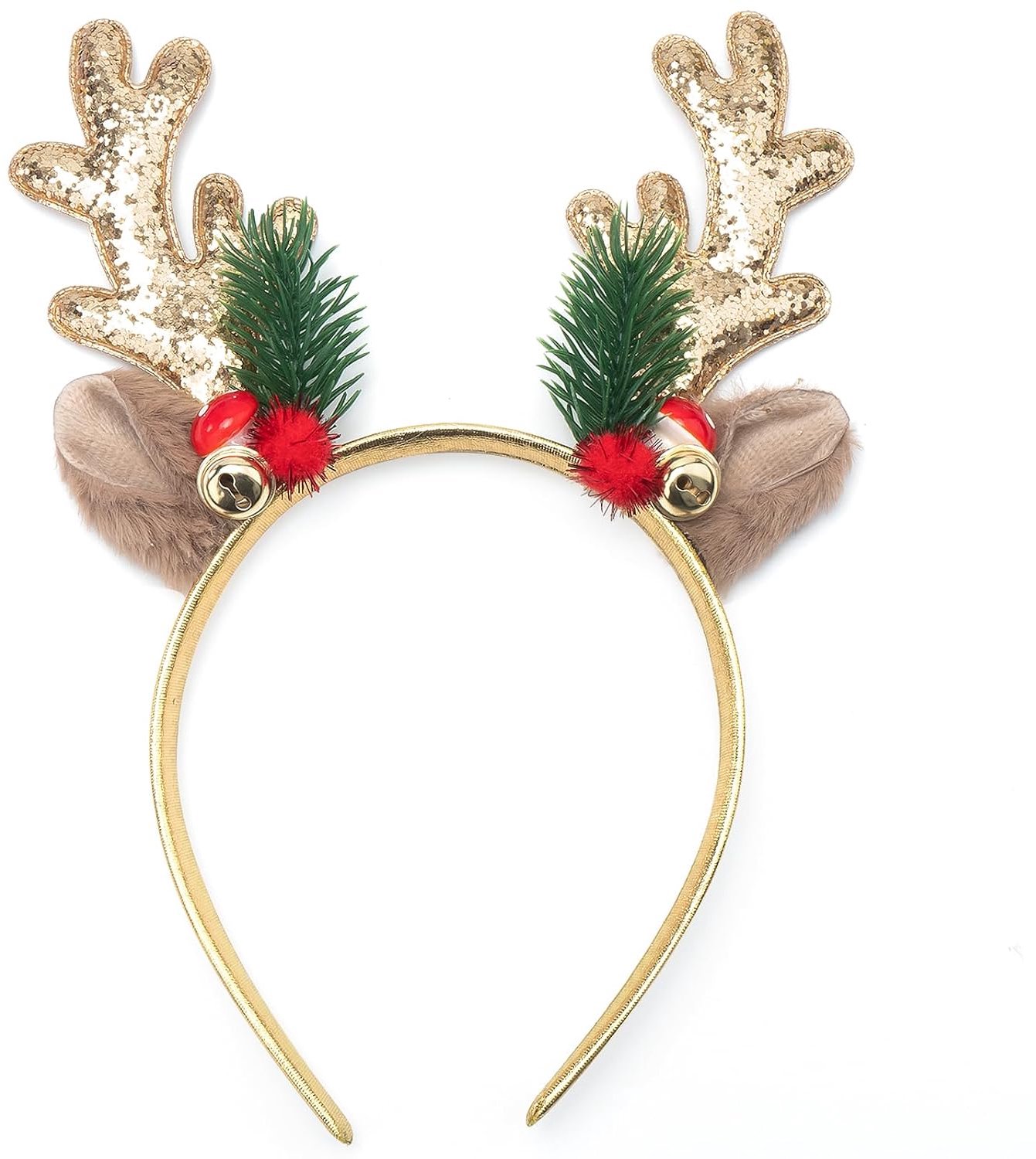 Kersthaarbanden met glitter – Haarband met rendiergewei – Schattige kersthaaraccessoires – Feestelijke haarbanden – Cadeau voor kerstfeestjes en kostuums – Voor dames en meisjes (Goud)