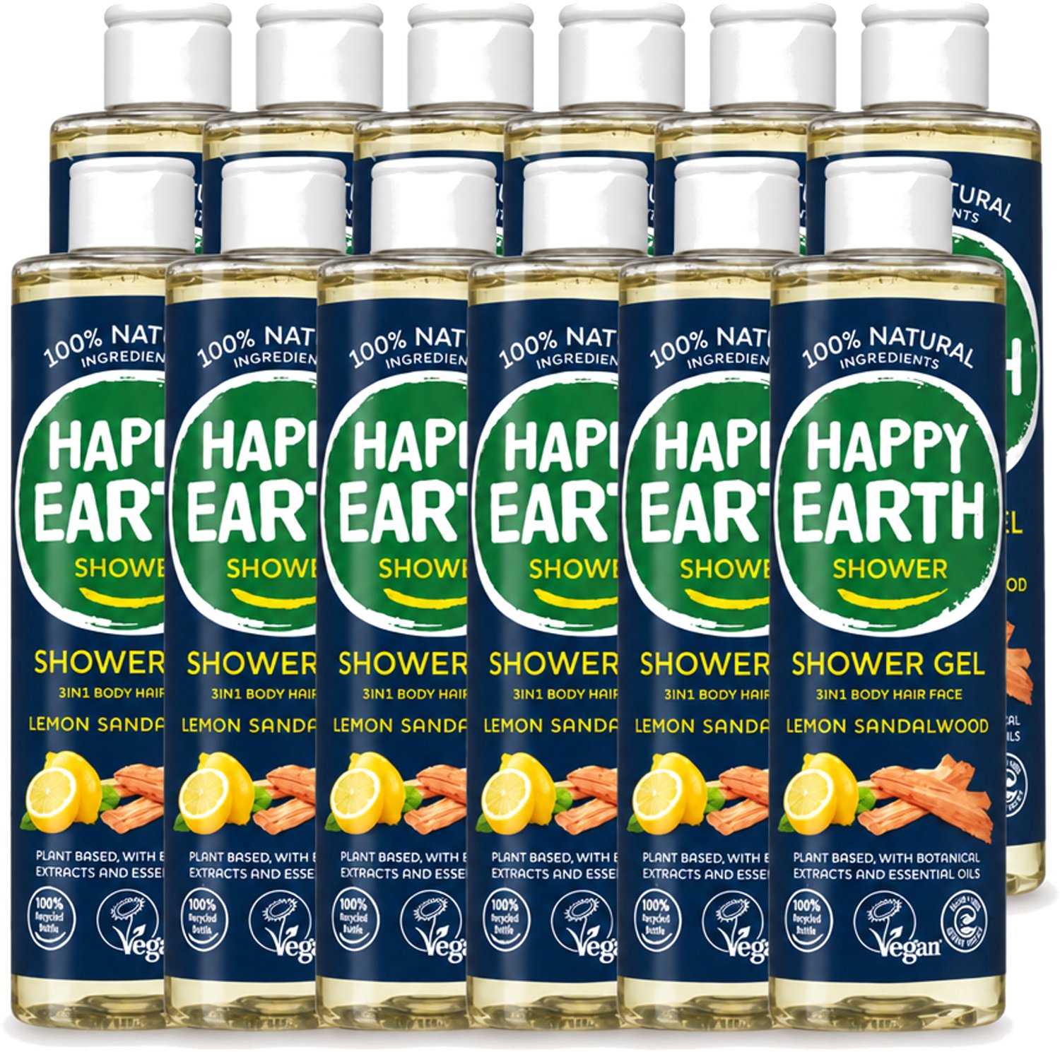 12 x Happy Earth – Douchegel – 100% Natuurlijke Douchegel Lemon Sandalwood – 300 ml - Voordeelverpakking - 12 stuks