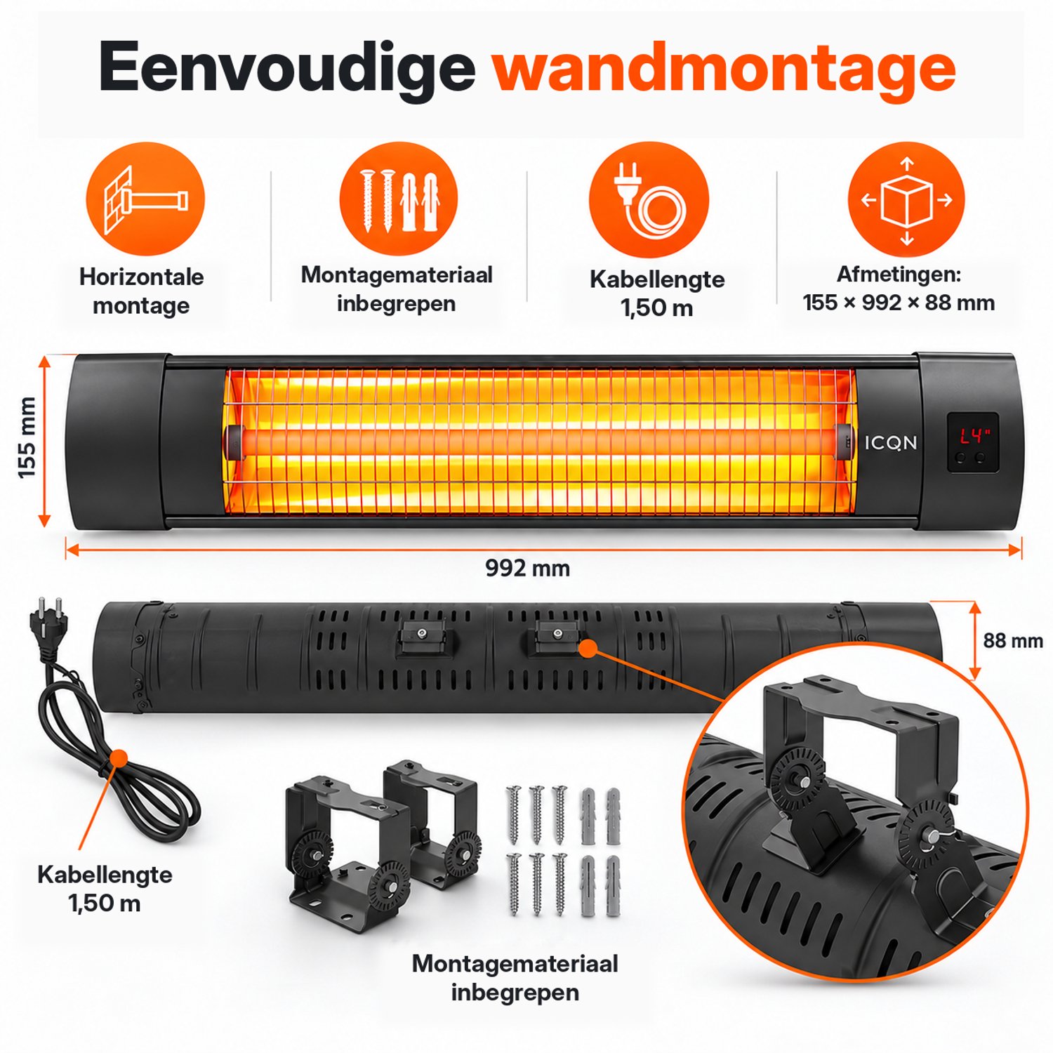 ICQN Infrarood Terrasverwarmer met Afstandsbediening - 2300W - 4 Standen - Water en stofbescherming - Voor Binnen en Buiten - Elektrische Kachel - Zwart – foto 4