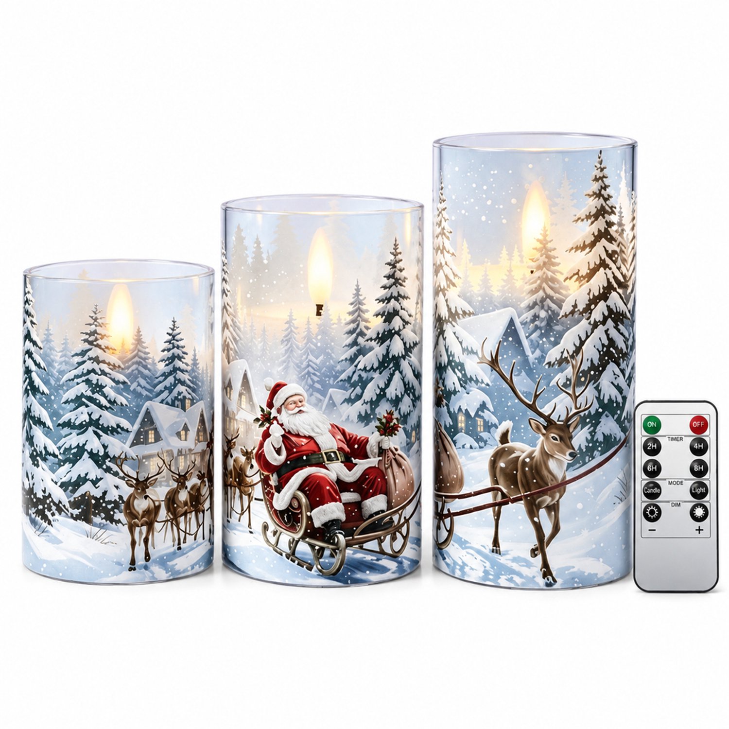 SWGOTA led kaarsen, set van 3 met kerstman- en winteropdruk, vlamvormige verlichting en afstandsbediening, exclusief batterijen Bruin