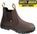 Bruine Safety Jogger veiligheidslaars van leer met zwarte zool en gele treklussen.