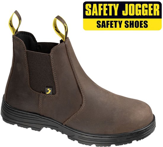 Bruine Safety Jogger veiligheidslaars van leer met zwarte zool en gele treklussen.