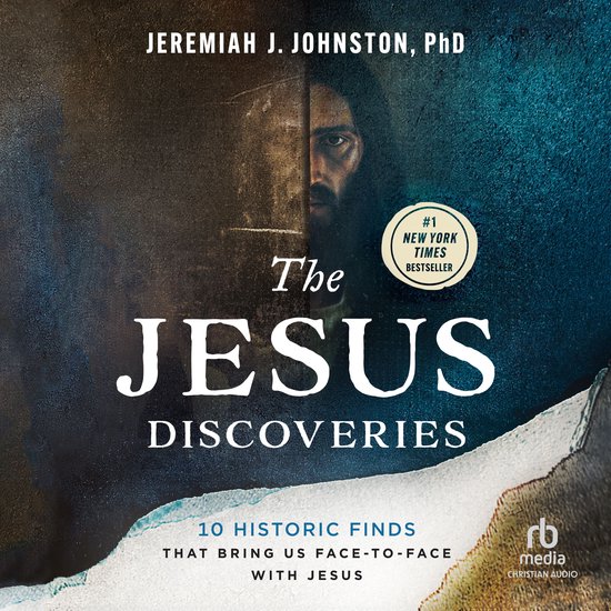 Boekomslag van The Jesus Discoveries door Jeremiah J. Johnston, met een portret van Jezus en tekst over 10 historische vondsten.