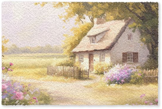 Detailopname van een deurmat met een landelijk tafereel van een huisje, omringd door bloemen en bomen.