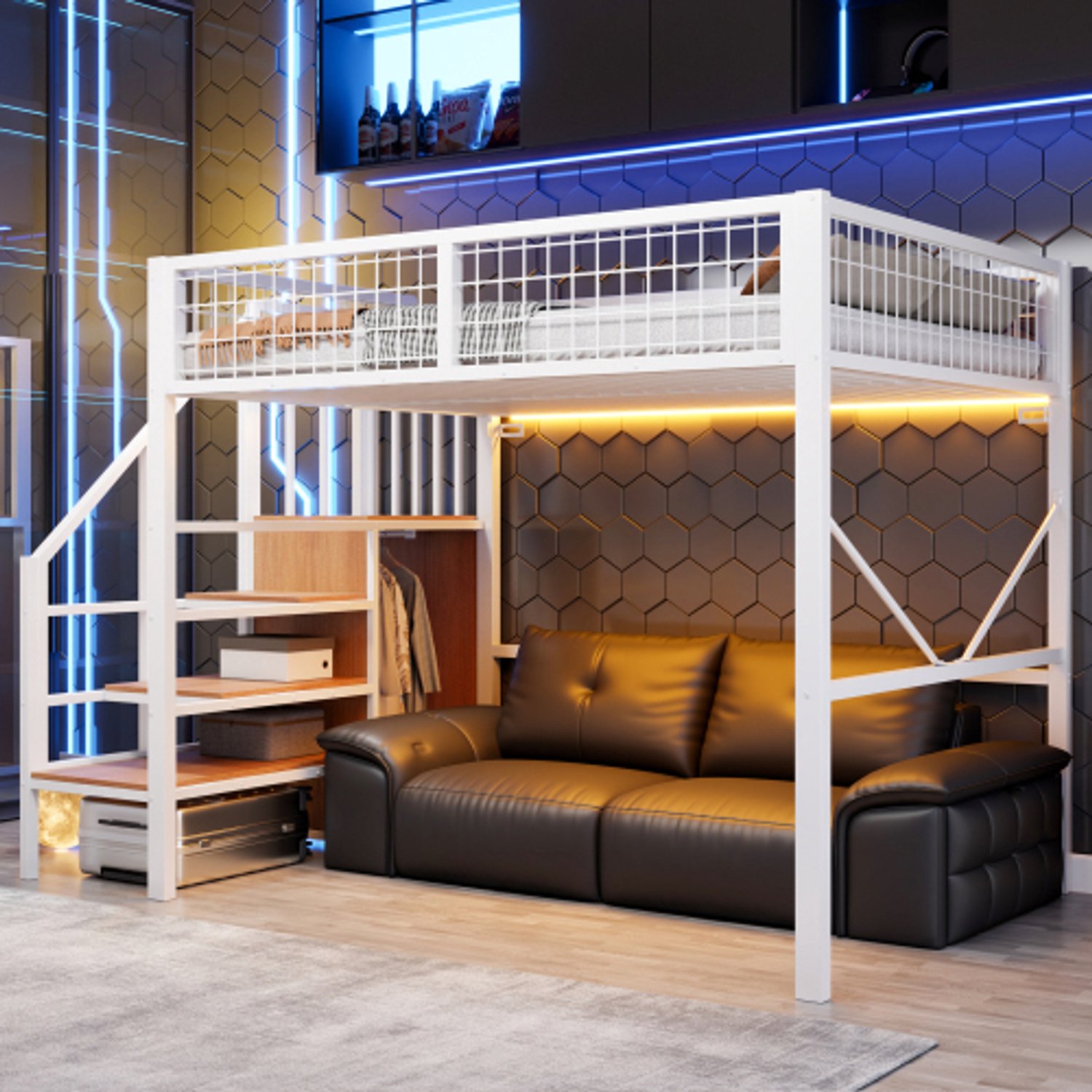 OOIILLEE Metalen hoogslaper 140 x 200 cm, bedframe inclusief ladder en opbergruimte, LED-verlichting, veiligheidshek van metaalgaas, wit.