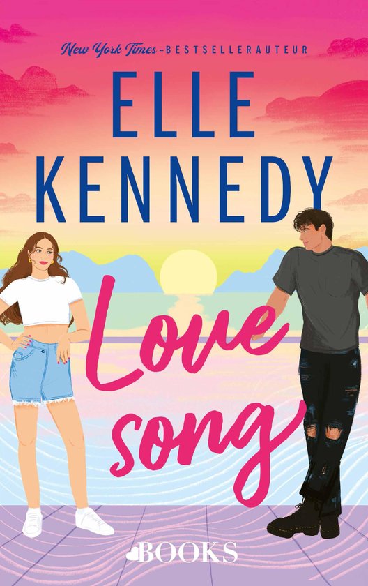 Boekomslag Love song van Elle Kennedy met een koppel bij een zonsondergang aan zee.