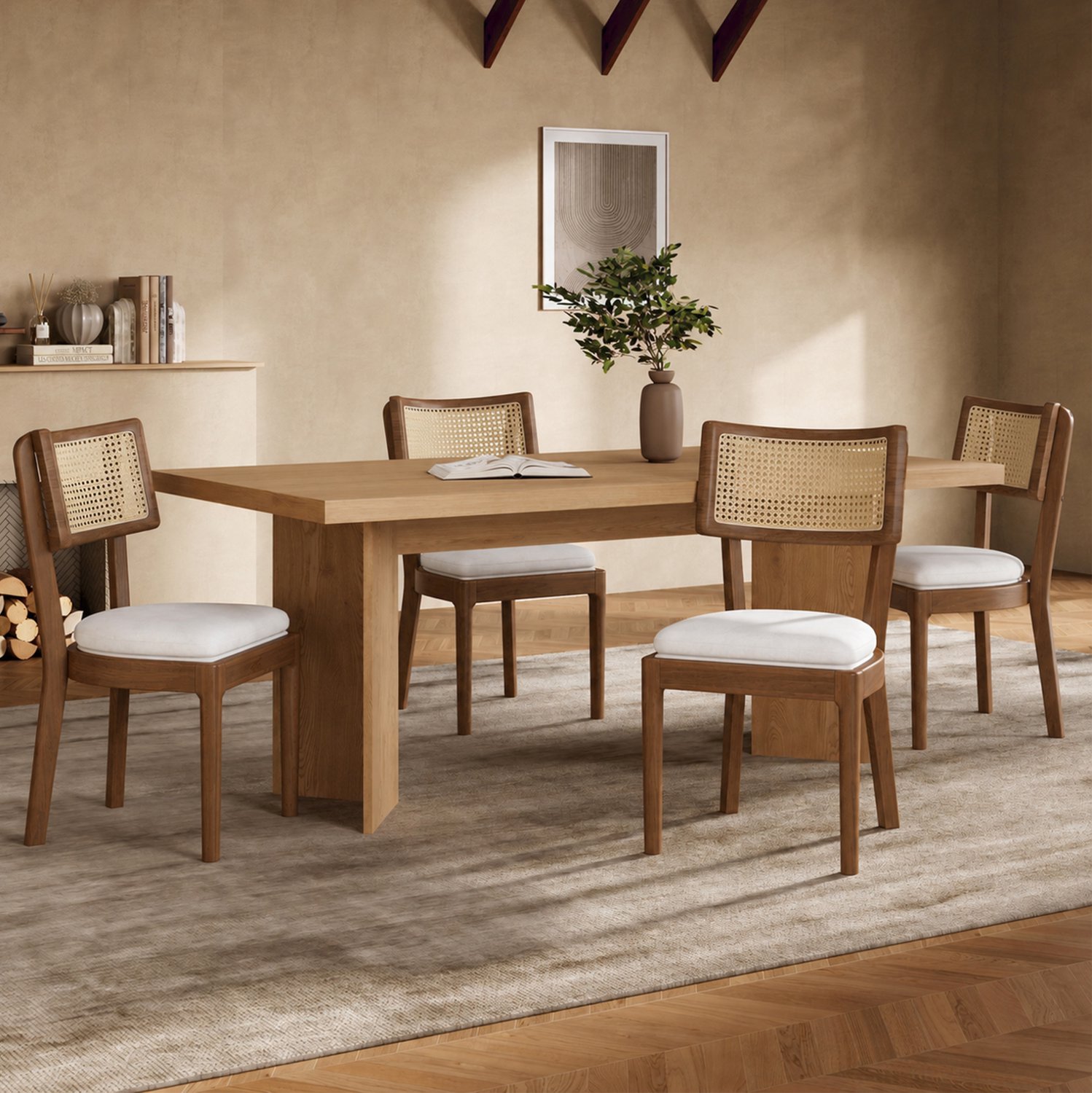 REDOM Set van 4 eetkamerstoelen 50x58x88 cm - Rotan rugleuning en linnen zitting - Walnoot/beige Walnootkleur