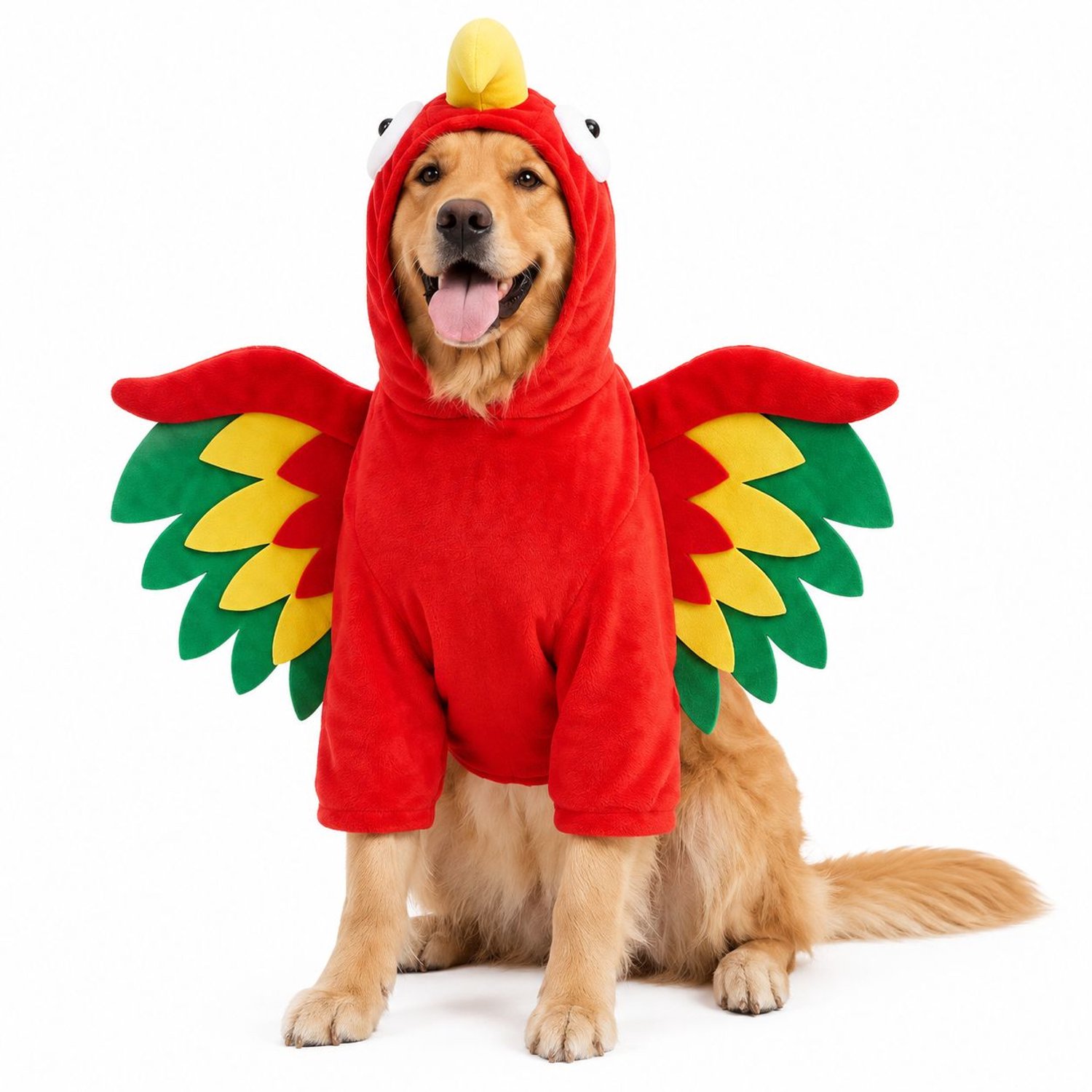 Papegaaienkostuum voor honden – schattige outfit met capuchon en vleugels voor kleine, middelgrote en grote honden & katten – zachte, warme Halloween- en cosplaykleding voor kerstfeesten, rollenspellen & fotoshoots (rood, L)