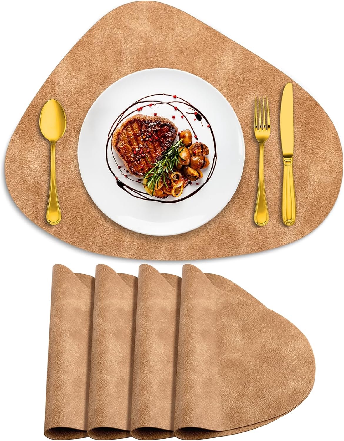 Set van 4 ovale placemats (camel, 13 x 17 inch): hittebestendige, waterdichte en afneembare tafelmatten van kunstleer, geschikt voor ronde tafels; antislip, waterdicht, hittebestendig tot 100 °C en eenvoudig te reinigen.