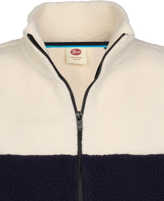Crèmewit en donkerblauw teddy jack met opstaande kraag, zwarte rits en Petrol Industries label in de nek.