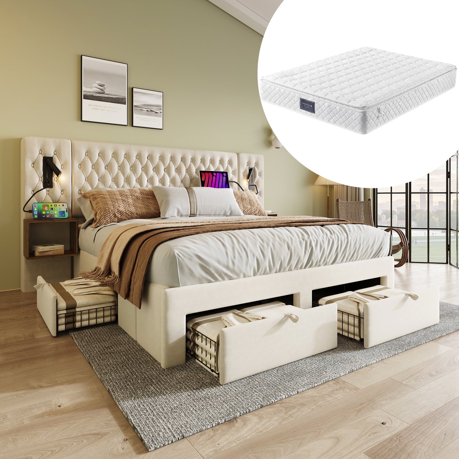 intebiki Slaapkamerset - gestoffeerd tweepersoonsbed 160×200 cm met 2 nachtkastjes en 4 lades - leeslampje met USB-oplaadfunctie in het hoofdeinde - beige - fluweel (inclusief matras)